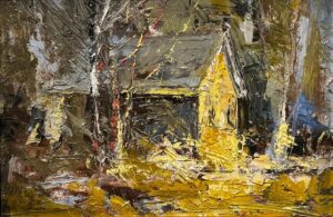 painting by Rett Ashby of an old building next to a tree