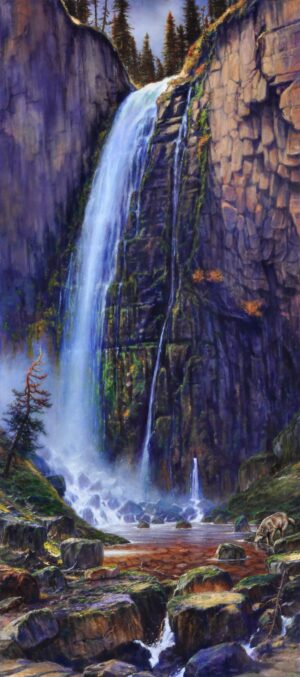 painting by MC Poulson of a very large waterfall