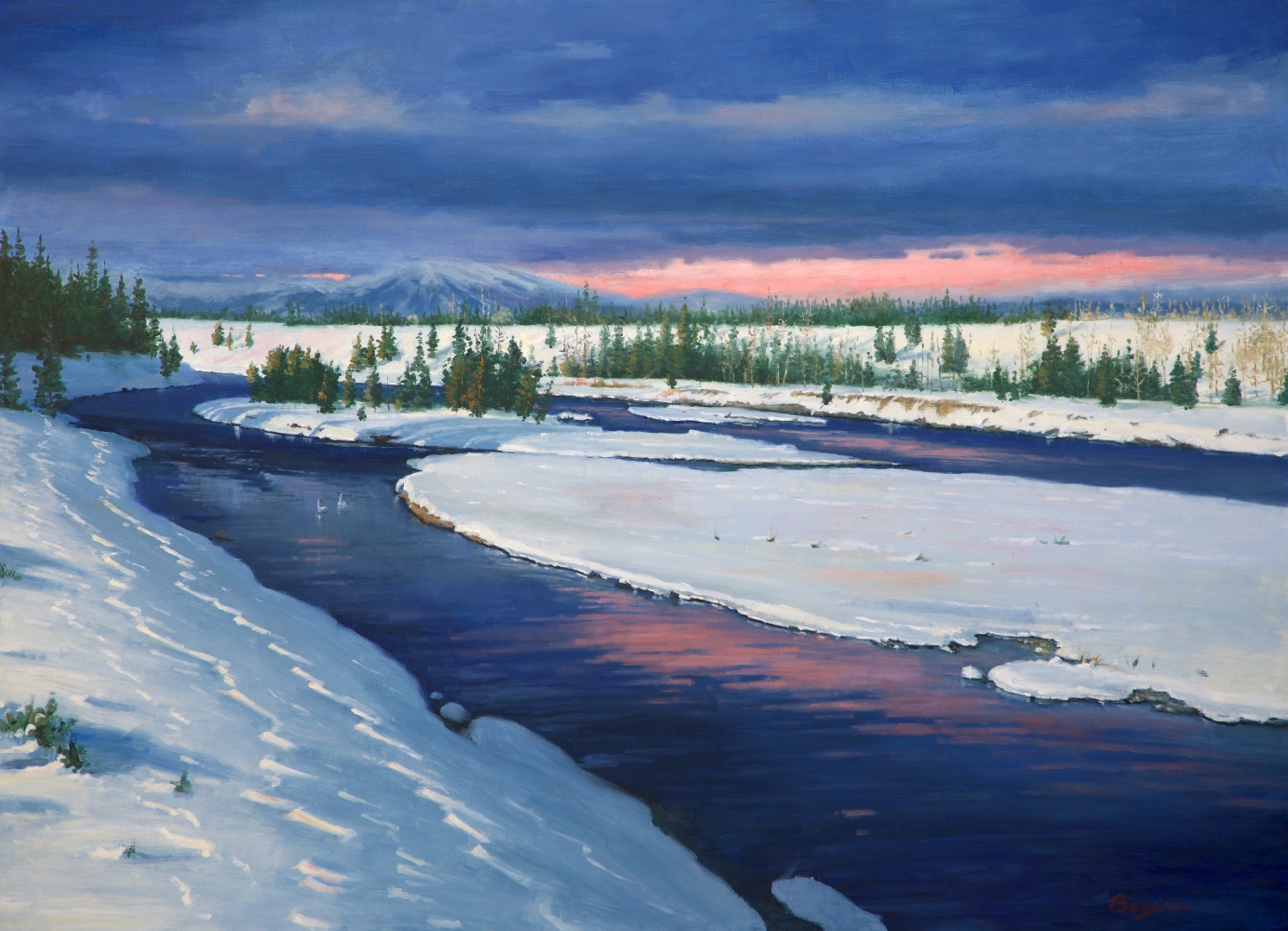painting by Richard Boyer of a snowy river scene