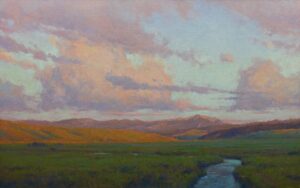 landscape painting by Ken Spencer of a meadow with a creek running through it