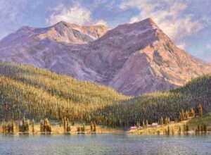 landscape painting by Mark Shsha showing a montana mountain and valley