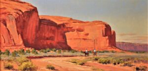 landscape painting by Kimbal Warren of a pair of horseback riders on a trail in front of a cliff facedd mountain