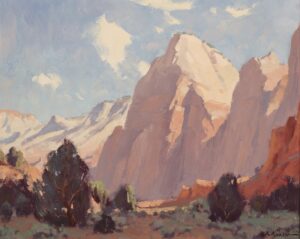 painting by Ron Rencher of a tall barren mountain