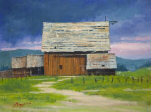 painting by Richard Boyer of a rustic old barn