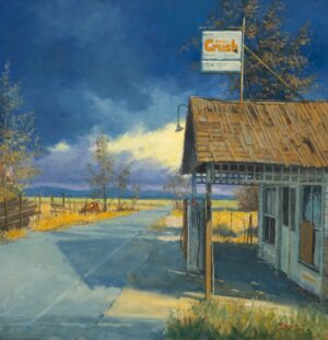 painting by Richard Boyer of an old country store with an Orange Crush sign