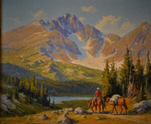 painting by Kimbal Warren of two riders on horseback on a trail along Pole Creek