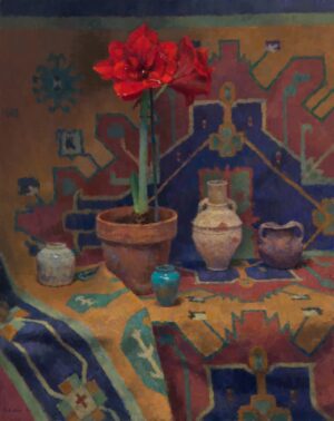 still life painting by Jim McVicker of a potted redd amaryllis next to a vase on a table.