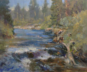 painting by Rick Delanty of a small rapids view on the Rattlesnake River