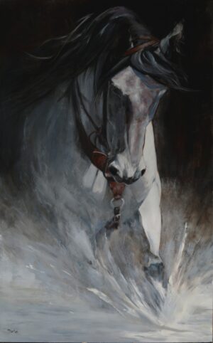 painting by Heather Burton of a grey horse charging through a river
