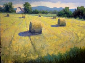 landscape painting by Simon Winegar of some freshly rolled bales of hay in a field
