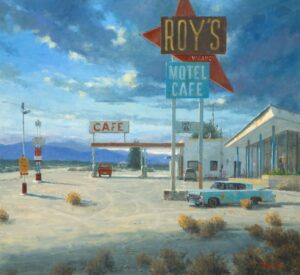 painting by Richard Boyer of an old motel called Roy's