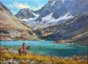 painting by Jason Rich of a native american indian on a horse overlooking a brilliant aqua mountain lake