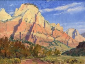 landscape painting by Kimball Warren of a craggy mountain along the Watchman Trail