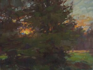 landscape painting by Jim McVicker of a setting sun behind a tree