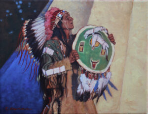 painting by Steven Lang of a native american warrior in full headdress holding a tambourine decorated with feathers