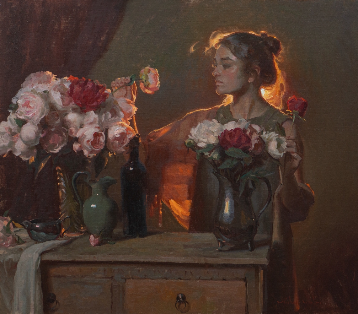 painting by Michael Malm of a woman arranging roses in a large vase