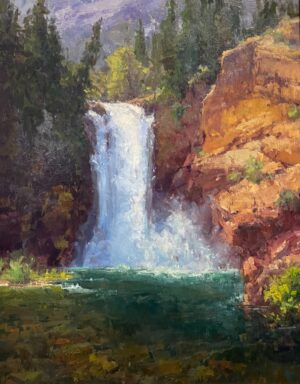 landscape painting by Kathryn Stats of a beautiful waterfall