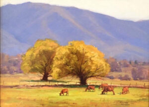 landscape painting by Kimbal Warren of a mountain backstop, a goldden tree with cattle grazing
