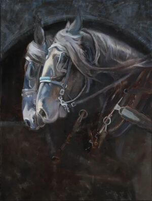 painting by Heather Burton of two horse heads from the left profile view