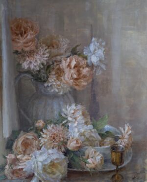 still life painting by Kyle Stuckey of pastel colored flowers