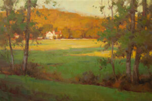landscape painting by Ken Spencer of a grand homestead