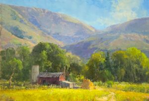 landscape painting by Kathryn Stats of a rustic barn, next to a grain silo