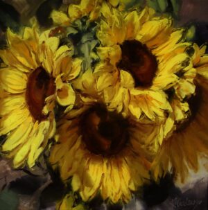 Painting by Kurt Anderson of a close up of a bunch of sunflowers
