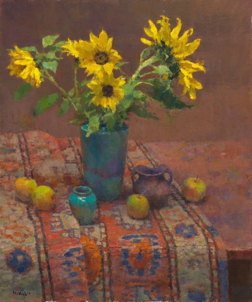 Still life painting by Jim McVickers od sunflowers in a green vase