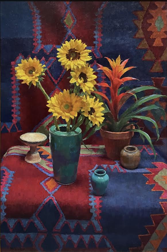 still life painting by Jim McVicker of a vase holding sunflowers placed slightly in front of a potted bromelaid