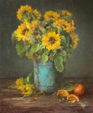 still life painting by Stephanie Birdsall of Sunflowers in a rustic blu etin container