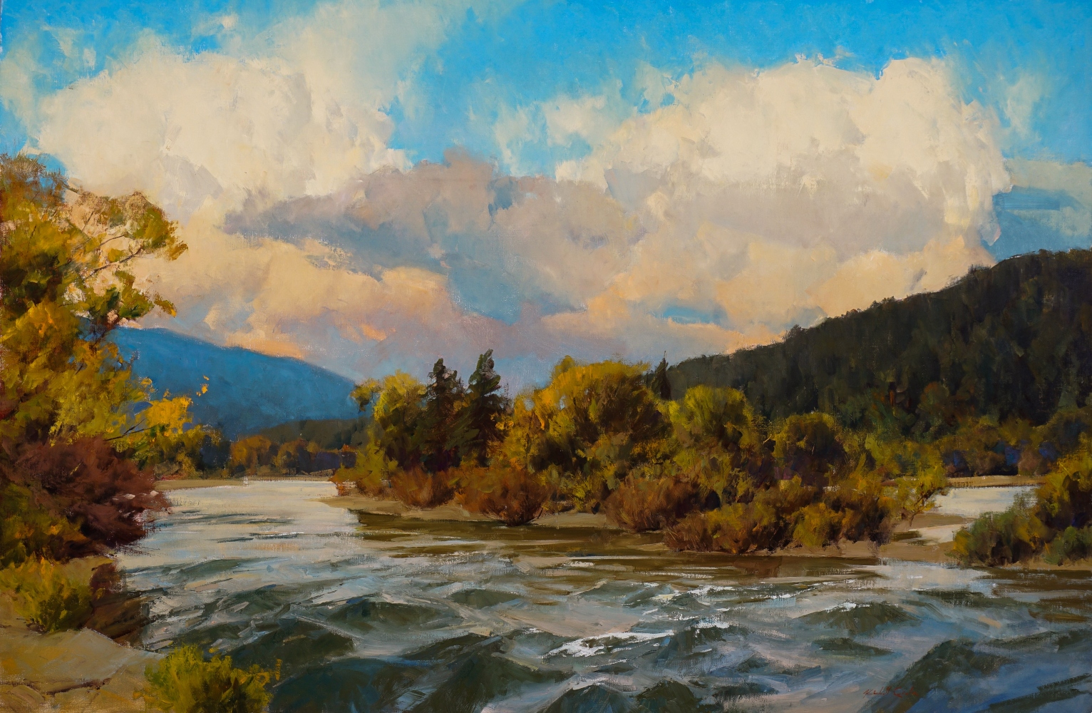 painting by Kimball Geisler of a rushing mountain river flowing around a bend