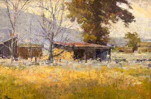 Painting by Rett Ashby of a lean-to/run in shed