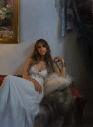 painting by Kyle Stuckey of a woman in a white dress, reclining on a setee