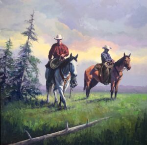 painting by Simon Winegar - two horseback riders at the end of the dday