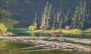 painting by Kimbal Warren of a man standing near a canoe in the side of a mountain stream