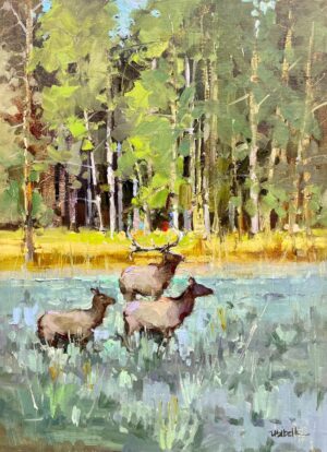 painting by Michele Usibelli of three elk standing in a grassy field