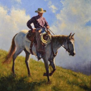 figural painting by Greg Scheibel depicting a cowboy on horseback riding toward home
