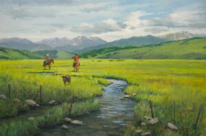painting by Richard Boyer of two cowboys on horses chasing down a calf along a stream