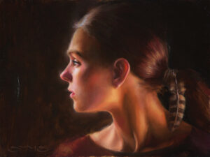 painting by William Suys of a beautiful, young woman who is looking over her right shoulder with a feather in her ponytail