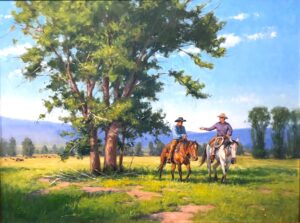 painting by Kimbal Warren of two men sitting atop their horses and speaking to each other