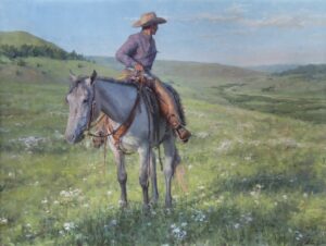 painting by Kyle Stuckey of a cowboy on a horse looking over his shoulder
