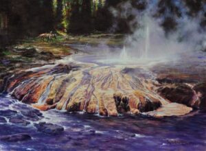 painting by MC Poulson of three forks at yellowstone