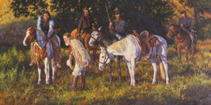 painting by artist Steven Lang depicting Crow scouts assisting the U.S. Army in tracking Lakota and Cheyenne forces during the Great Sioux War