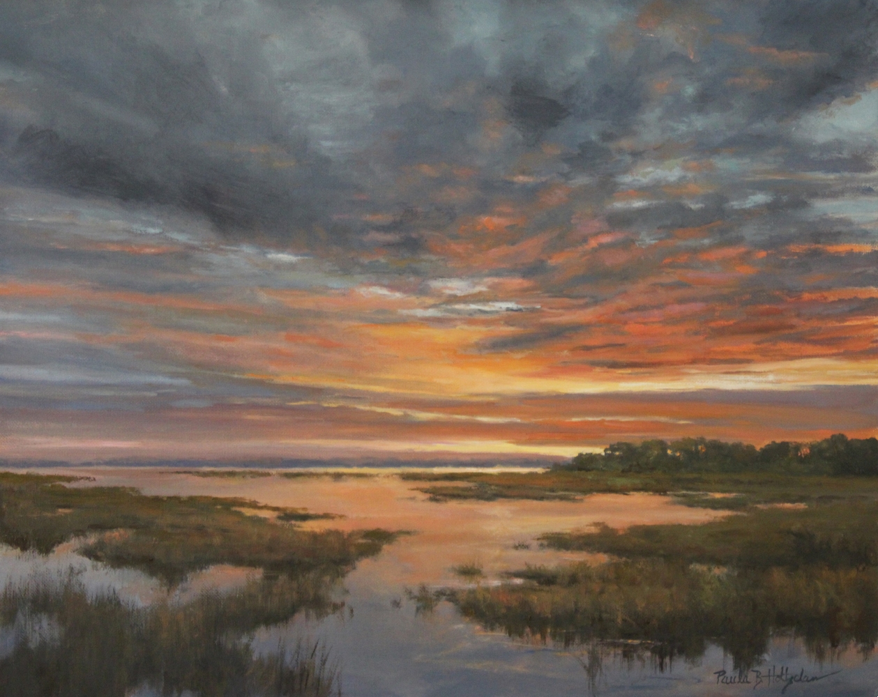 painting by Paula Holtzclaw of a beautiful tributary under a stunning sunset