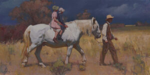 painting by Michael Malm of a man leading a horse and two small children are riding bareback on the horse