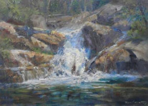 painting by Rick Delanty of a waterfall leading into a pool of water
