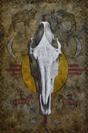 painting by Jeff Legg of a war horse skull on a background of tribal art