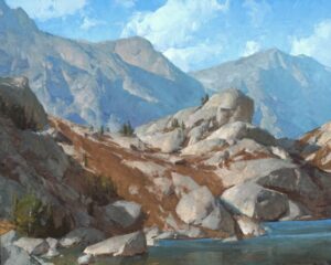 painting by Kimbal Geisler of. ariver flowing past a craggy outcropping with Mountain in the background