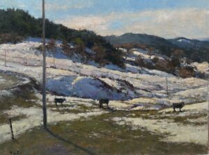 Landdscape painting by Jim McVicker of a few cattle grazing in a field with snowy patches