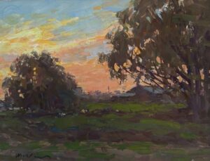 landdscape painting by Jim McVicker of a Sunset with some trees in the foreground